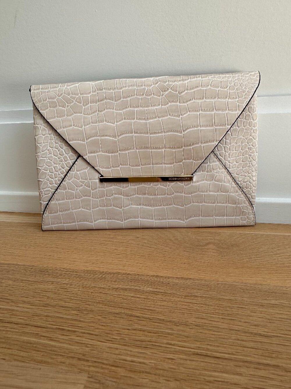 BCBG MAX AZRIA Faux Crocodile Envelope Clutch in Oyster Color with Gold Accent